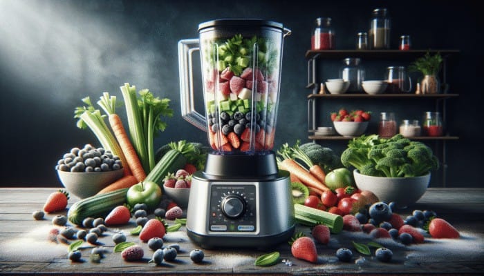 High-quality blender processing whole foods, promoting wholesome nutrition with colorful ingredients.