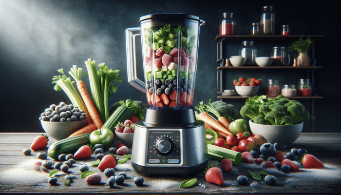 High-quality blender processing whole foods, promoting wholesome nutrition with colorful ingredients.