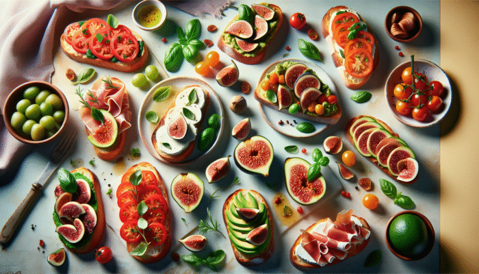 Top Date Night Recipes to Impress: Various bruschetta slices on rustic Italian bread with classic and creative toppings like tomato, basil, mozzarella, avocado, prosciutto, and figs.