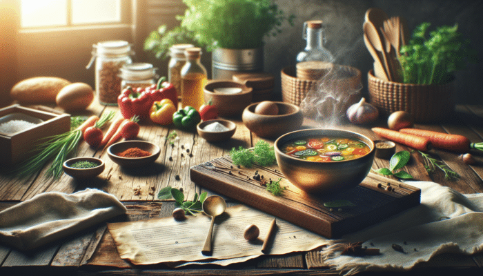 A steaming bowl of colorful soup with fresh herbs and vegetables on a rustic table in a cozy kitchen.