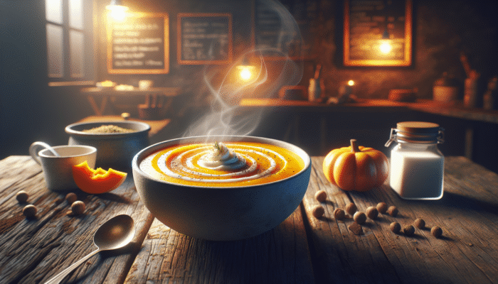 A steaming bowl of creamy butternut squash soup with coconut milk and nutmeg on a rustic table.