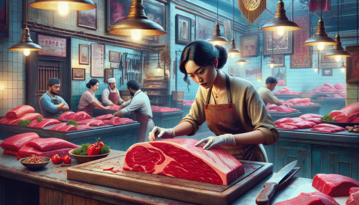 How to Cook a Classic Beef Wellington: Butcher selecting bright red, finely grained beef fillet for Beef Wellington in traditional market.