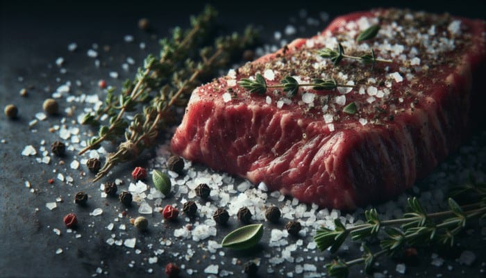 Beef seasoned with sea salt, black pepper, thyme, and rosemary, ready for cooking.