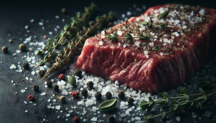 Beef seasoned with sea salt, black pepper, thyme, and rosemary, ready for cooking.