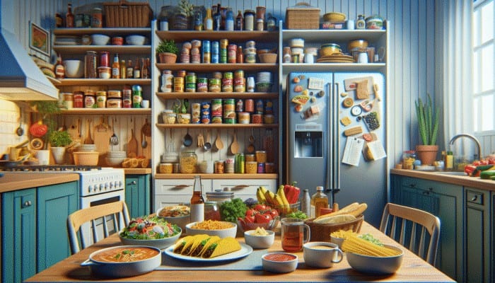 Best Tips for Cooking on a Budget: A colorful weekly meal planner with Mexican tacos, Italian pasta, and an open pantry and fridge.