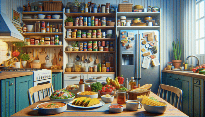 Best Tips for Cooking on a Budget: A colorful weekly meal planner with Mexican tacos, Italian pasta, and an open pantry and fridge.