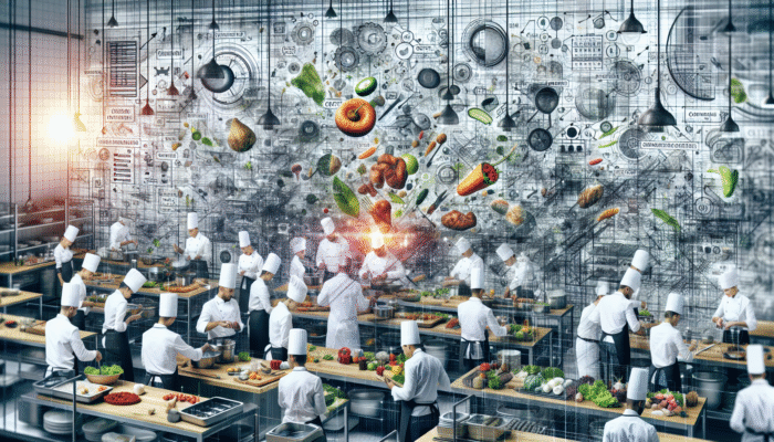 Chefs in a modern kitchen efficiently using all ingredients, minimizing waste, with scales and cost charts.