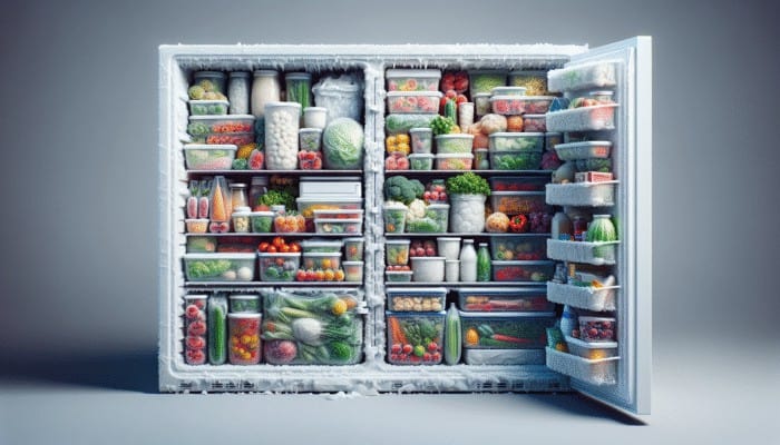 A variety of foods in labeled, airtight containers and freezer bags in a frost-covered freezer.