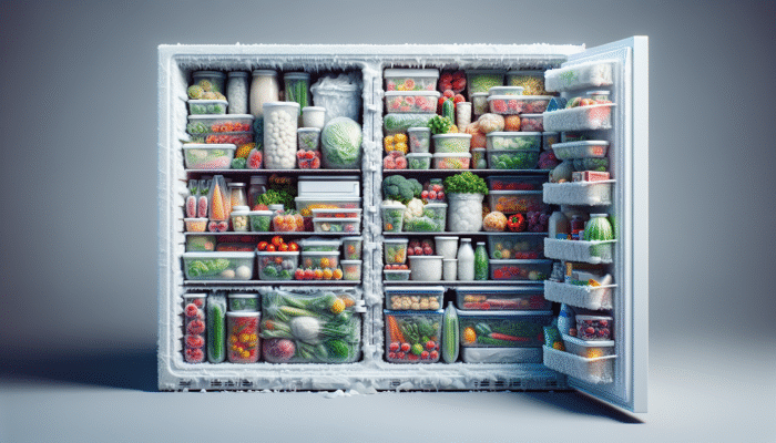 A variety of foods in labeled, airtight containers and freezer bags in a frost-covered freezer.