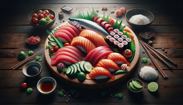 How to Arrange a Sushi Platter: A vibrant sushi platter with fresh tuna, salmon, vegetables, and rice from a reputable market.