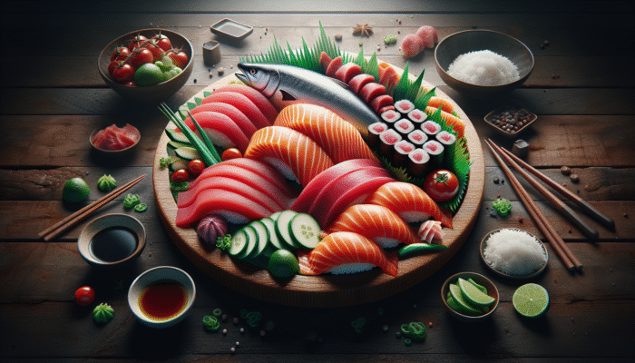 A vibrant sushi platter with fresh tuna, salmon, vegetables, and rice from a reputable market.