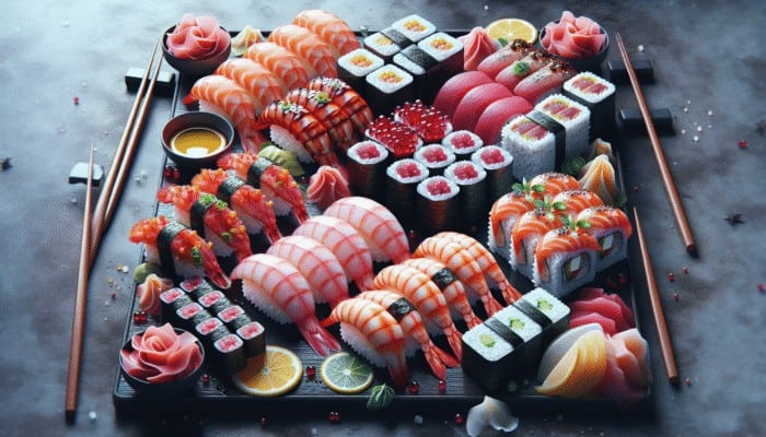 A sushi platter with diverse flavors including sweet shrimp nigiri, spicy tuna rolls, and tangy citrus sashimi.