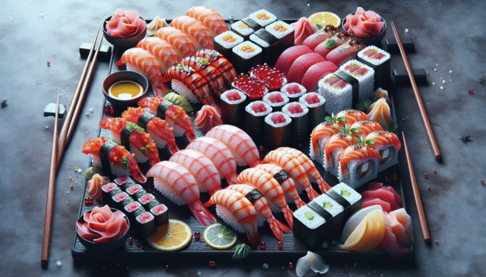 A sushi platter with diverse flavors including sweet shrimp nigiri, spicy tuna rolls, and tangy citrus sashimi.