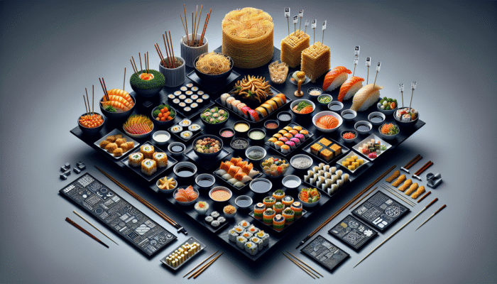 A layered sushi platter with tall and short pieces, enhanced by edible nests, stands, and garnished bowls at varying heights.