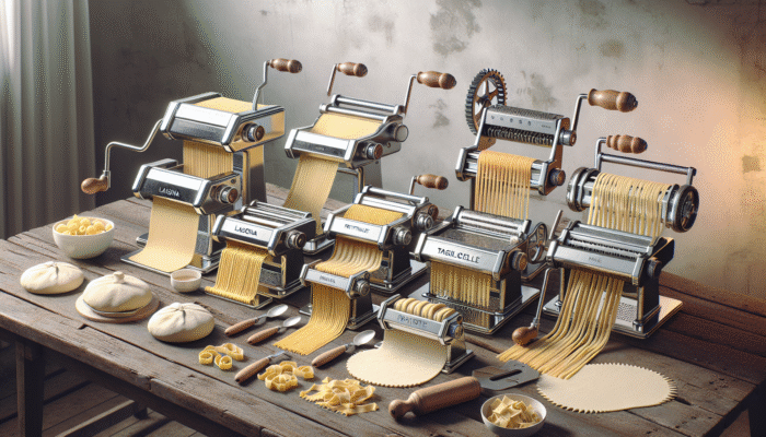 Best Tools for Making Homemade Pasta: Variety of manual pasta machines on rustic table with attachments for different pasta types and fresh dough.