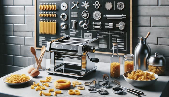 Stainless steel manual pasta machine with attachments on a kitchen counter, compact design for limited space.