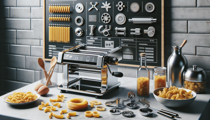 Stainless steel manual pasta machine with attachments on a kitchen counter, compact design for limited space.