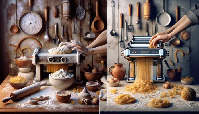 A kitchen scene with a manual pasta maker and dough being kneaded by hand, contrasted with an electric pasta maker extruding fresh pasta, surrounded by Italian culinary tools.