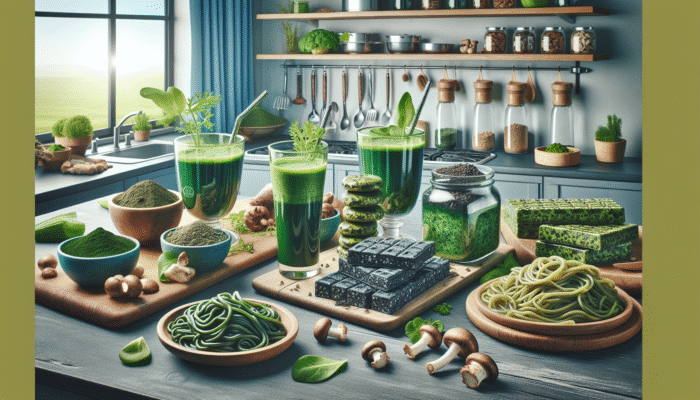 Top Food Trends from X in 2025: Dishes made from algae and fungi, including spirulina smoothies, energy bars, and pasta, in a modern eco-friendly kitchen.