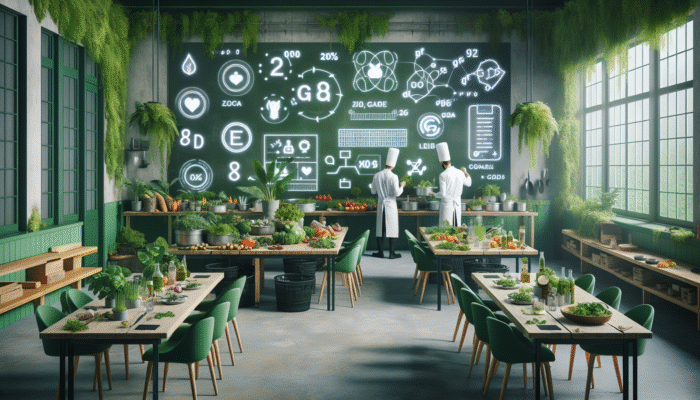 Chefs using local, organic ingredients and zero-waste cooking in eco-friendly dining settings with greenery and natural light.