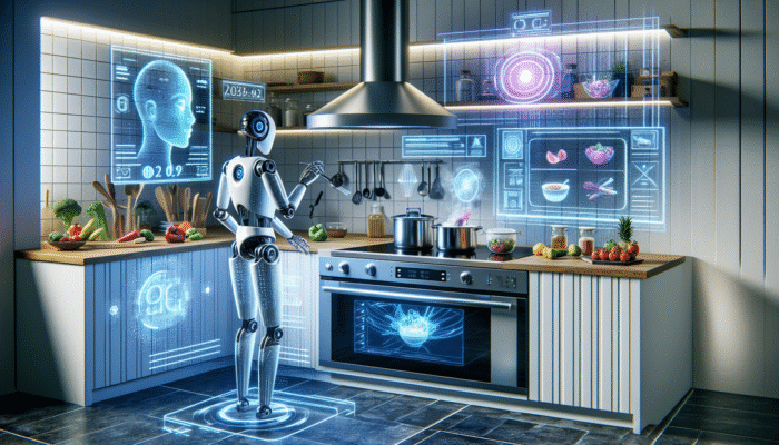 A futuristic kitchen with AI technology including a smart oven, cooking robot, and digital assistant enhancing meal preparation.