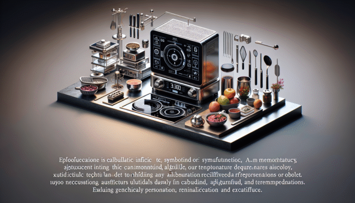 AI kitchen device on countertop, showing calibration screen with altitude and temperature settings, surrounded by cooking tools and ingredients.
