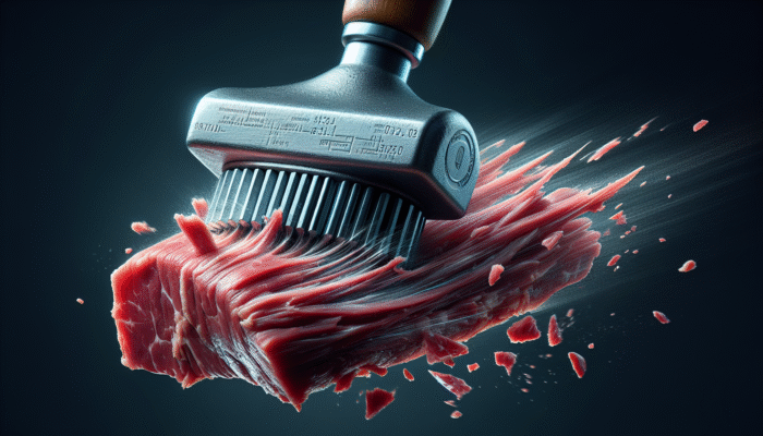 Why a Meat Tenderizer Improves Flavor: A meat tenderizer disrupting tough muscle fibers in brisket, enhancing tenderness.