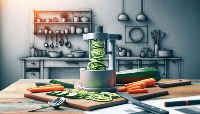 How to Use a Spiralizer for Healthy Meals: A compact manual spiralizer creating zucchini and carrot spirals in a small, cozy kitchen.
