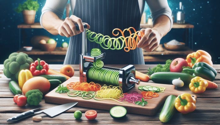 Fresh vegetables on a wooden board, chef using spiralizer to create colorful spirals for healthy cooking.