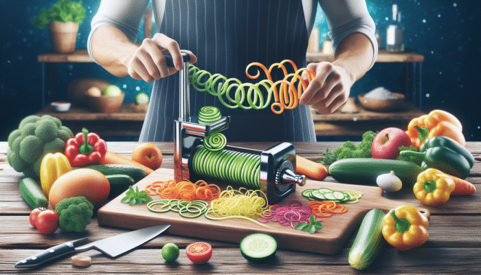 Fresh vegetables on a wooden board, chef using spiralizer to create colorful spirals for healthy cooking.