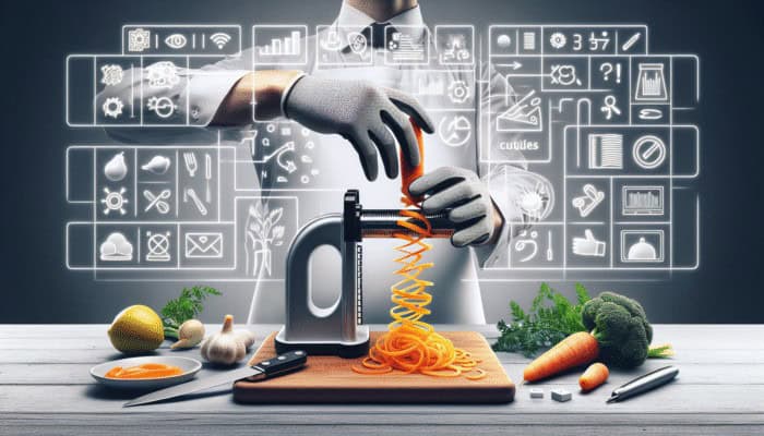 Person using spiralizer with cut-resistant glove and vegetable holder, safely twisting carrot into spirals on stable countertop.