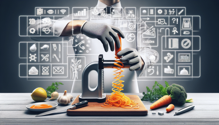 Person using spiralizer with cut-resistant glove and vegetable holder, safely twisting carrot into spirals on stable countertop.
