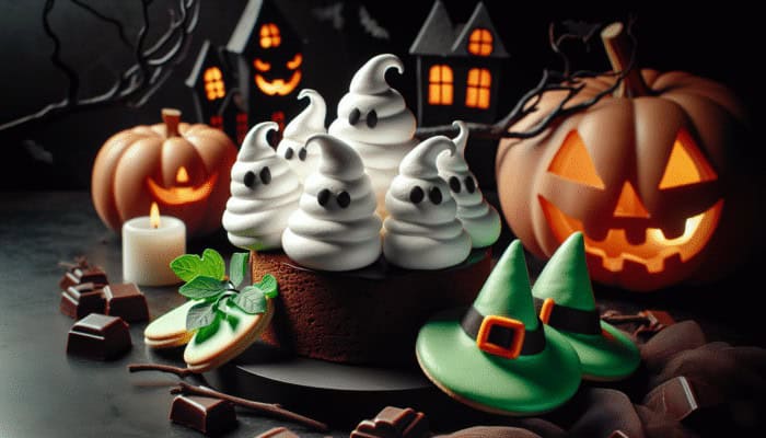 How to Make a Spooky Halloween Dessert: Fluffy white meringue ghosts on chocolate, green witch hat cookies, haunted houses, pumpkin patches.
