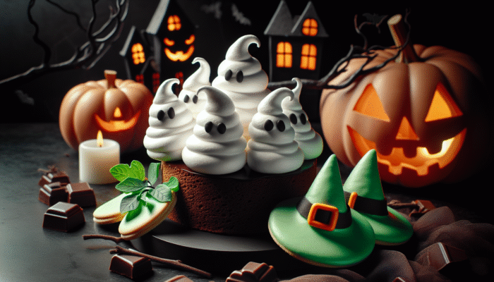 How to Make a Spooky Halloween Dessert: Fluffy white meringue ghosts on chocolate, green witch hat cookies, haunted houses, pumpkin patches.