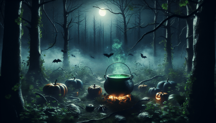 A witch's cauldron with green liquid, surrounded by bat wings, spider legs, and glowing pumpkins in a dark, misty forest at night.
