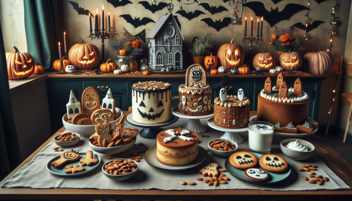 A Halloween dessert table with vegan and gluten-free treats like cakes, cookies, and puddings, all spookily decorated.