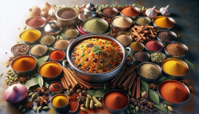 How to Cook a Traditional Indian Biryani: A colorful kitchen scene with spices and a steaming pot of biryani.