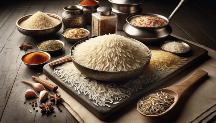 Aromatic basmati and seeraga samba rice with spices and biryani utensils, showcasing texture and fragrance.
