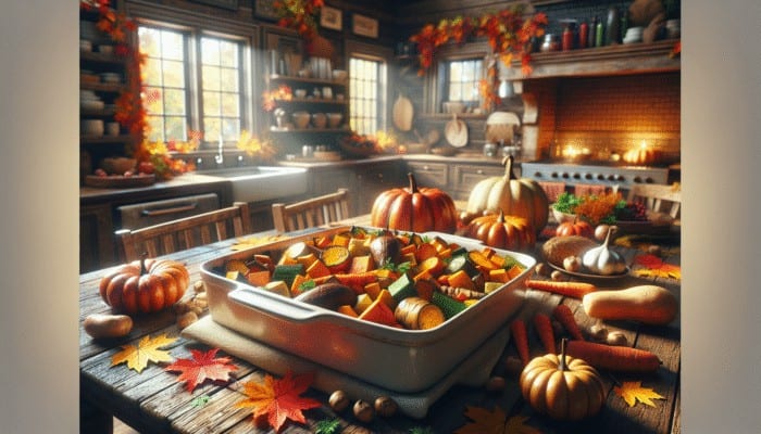 How to Make a Warm Fall Casserole: A casserole dish with roasted squash, sweet potatoes, carrots, and parsnips on a rustic table with fall leaves.