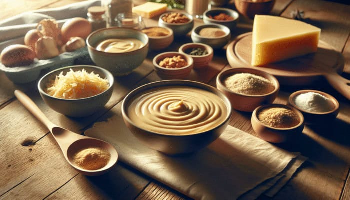 Two bowls on a wooden table: one with creamy sauce, the other with dry ingredients for an autumn casserole.