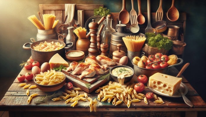 How to Cook a Creamy Chicken Alfredo: Fresh ingredients for creamy chicken alfredo on a rustic kitchen table: chicken, pasta, cream, and Parmesan cheese.