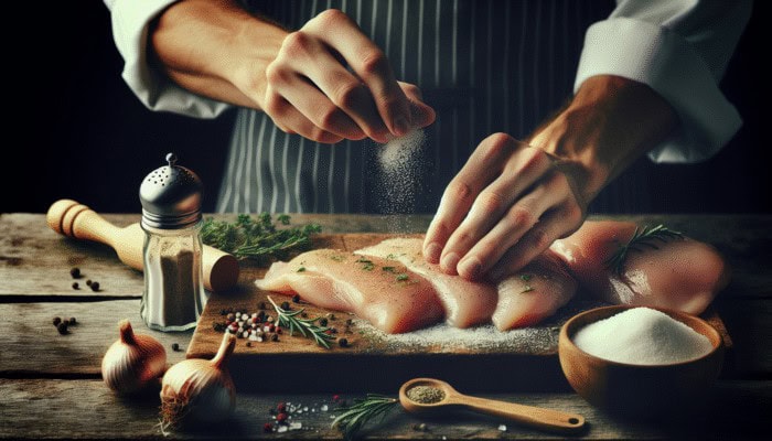 Chef seasoning raw chicken with salt, pepper, and Italian herbs on a wooden board for Alfredo.