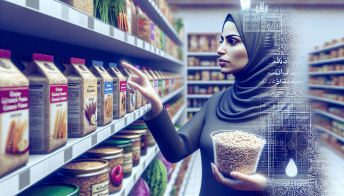 How to Make a Grocery List for Beginners: Person reading labels in supermarket, focusing on gluten-free products and alternative grains.