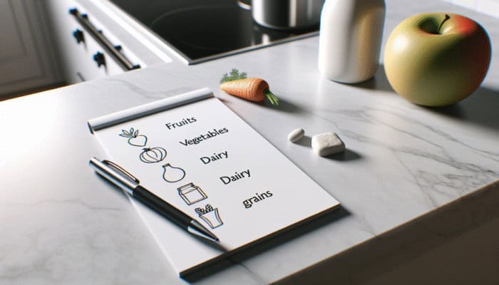 A colorful, categorized grocery list on a modern kitchen counter with a pen and notepad.