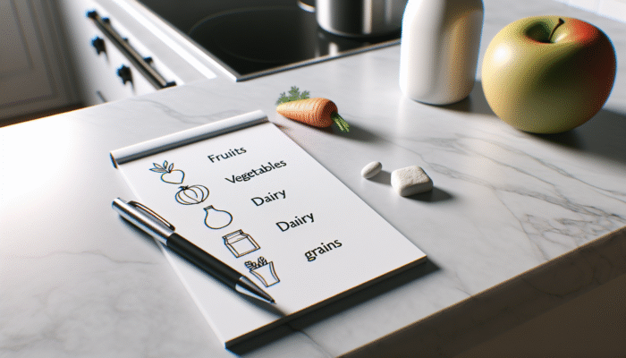 A colorful, categorized grocery list on a modern kitchen counter with a pen and notepad.