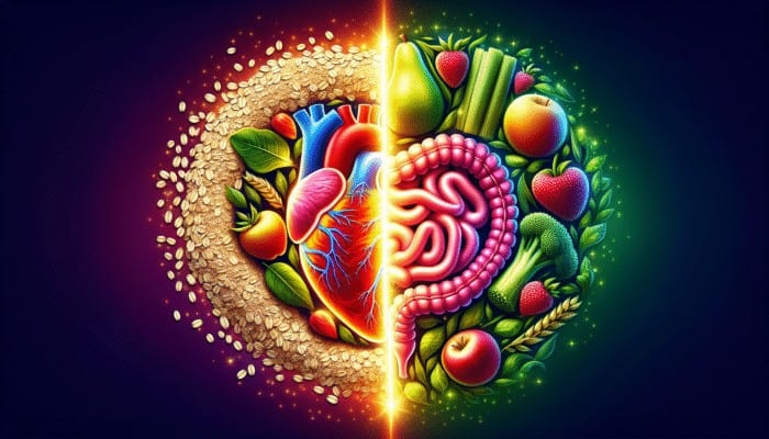 How to Make High-Fiber Meals for Digestion: Image showing soluble fiber from oats and fruits aiding heart health, and insoluble fiber from vegetables promoting digestive health.