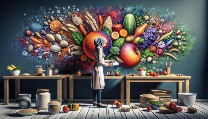 A nutritionist planning colorful high-fiber meals with whole grains, fruits, and vegetables.