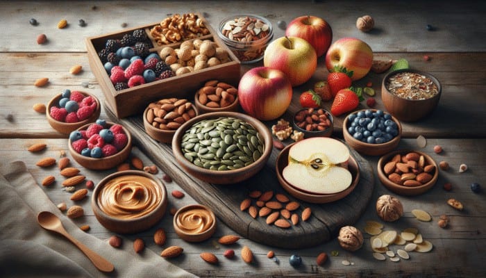 A vibrant display of healthy snacks including nuts, seeds, and fruit-based treats on a rustic wooden table.