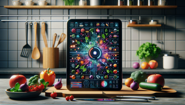 How to Make Meals with AI Recipe Generators: A modern kitchen with an AI tablet showing diverse recipes, surrounded by fresh ingredients and utensils.