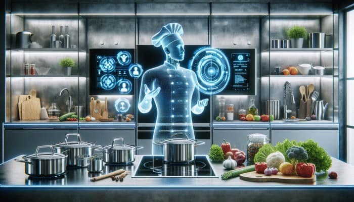 A futuristic kitchen with an AI holographic chef displaying recipes on a transparent screen, surrounded by high-tech appliances and fresh ingredients.